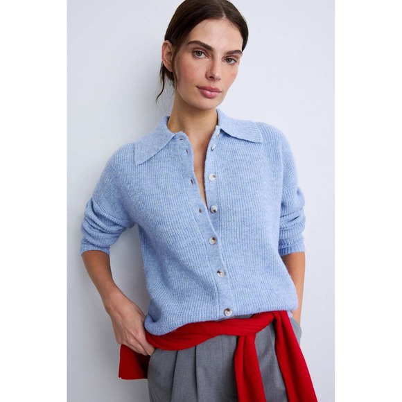 Central Park West Sweaters - Central Park West Light Blue Ribbed Knit Polo Collar Cardigan Sweater Small Hole
